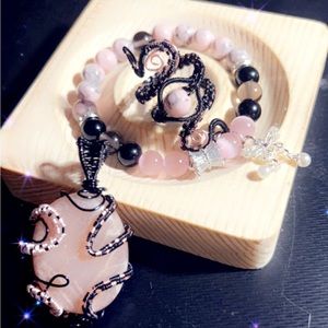 wire pendent and ring bracelet set  pink all stone and crystal